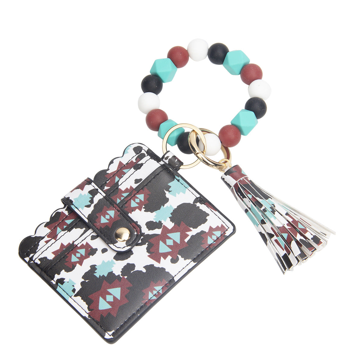Wholesale Leopard Print Sunflower Card Holder Tassel Silicone Beaded Wrist Keychain